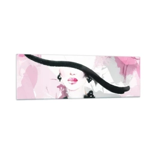 Glasbild - Bild auf glas - Eine elegante Frau mit Hut vor einem Hintergrund aus rosa Abstraktionen. - 160x50cm - Bildnis einer Dame in Schwarz und Pink - Moderne Wanddekoration für Wohnzimmer und Schlafzimmer ARTTOR