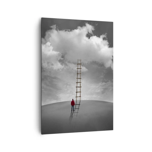 Bild auf Leinwand - Leinwandbild - Eine Person in einem roten Mantel und eine Leiter, die zu einer Wolke führt - 70x100cm - Alles ist möglich - Moderne Wanddekoration für Wohnzimmer und Schlafzimmer ARTTOR