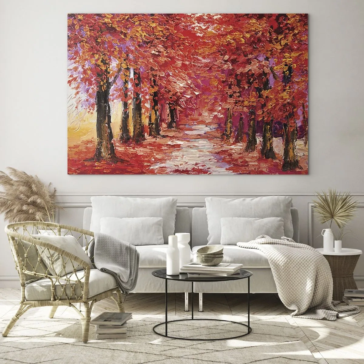 Glasbild - Bild auf glas - Eine malerische Gasse in herbstlichen Farben voller warmer Farbtöne - 70x50cm - Herbstlicher Eindruck - Moderne Wanddekoration für Wohnzimmer und Schlafzimmer ARTTOR