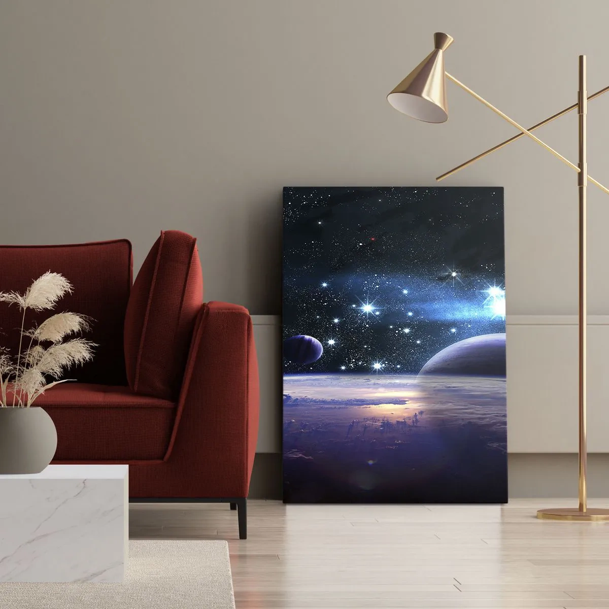 Bild auf Leinwand - Leinwandbild - Ein Blick in den Weltraum mit Planeten und Sternen - 80x120cm - Noch allein? - Moderne Wanddekoration für Wohnzimmer und Schlafzimmer ARTTOR