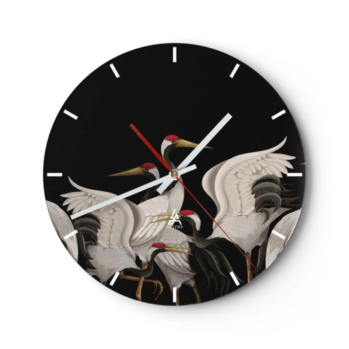Wanduhr - Glasuhr - Eine Gruppe von Kranichen auf schwarzem Hintergrund in einer stilisierten Illustration - 30x30cm - Vogelsachen - Moderne Wanddekoration für Wohnzimmer, Küche und Schlafzimmer ARTTOR
