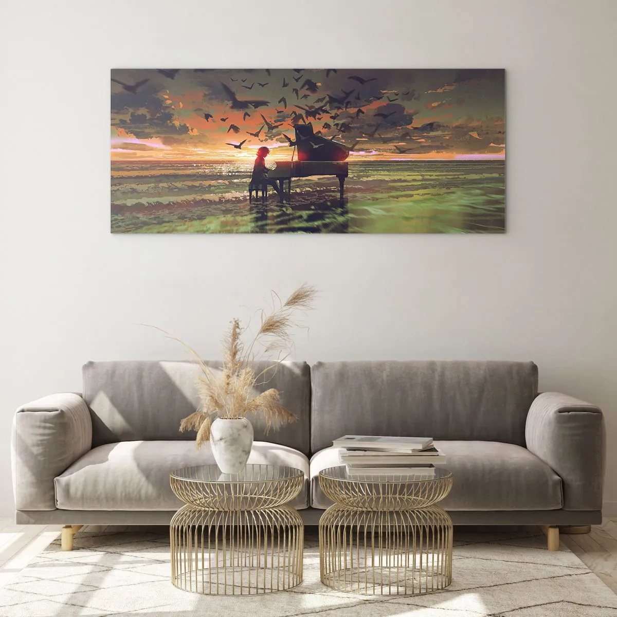 Glasbild - Bild auf glas - Ein Klavier am Meeresufer bei Sonnenuntergang mit Vögeln - 120x50cm - Konzert für Klavier und Wellen - Moderne Wanddekoration für Wohnzimmer und Schlafzimmer ARTTOR