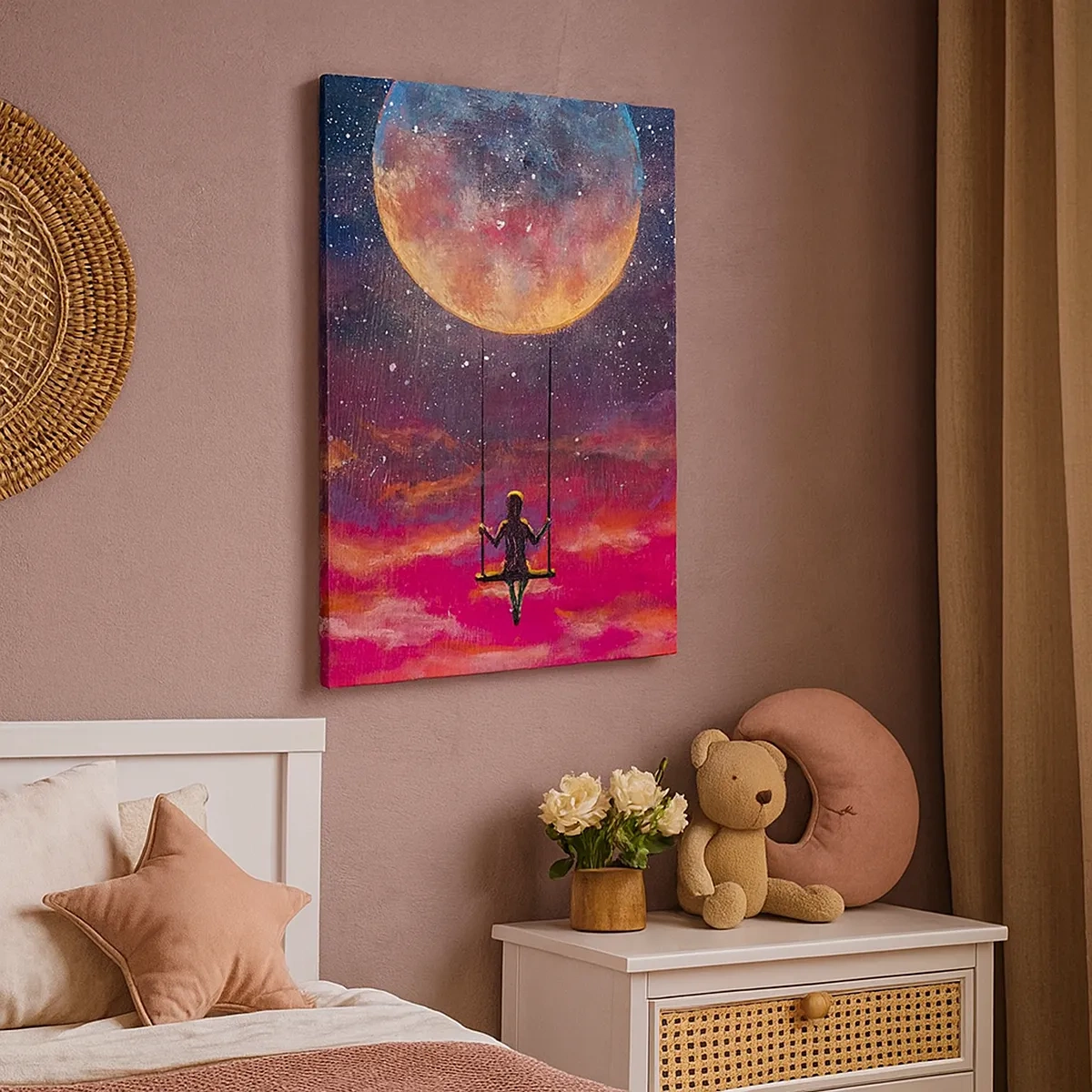 Bild auf Leinwand - Leinwandbild - Eine Figur auf einer Schaukel, die vor dem Mond hängt - 50x70cm - Traum - Moderne Wanddekoration für Wohnzimmer und Schlafzimmer ARTTOR