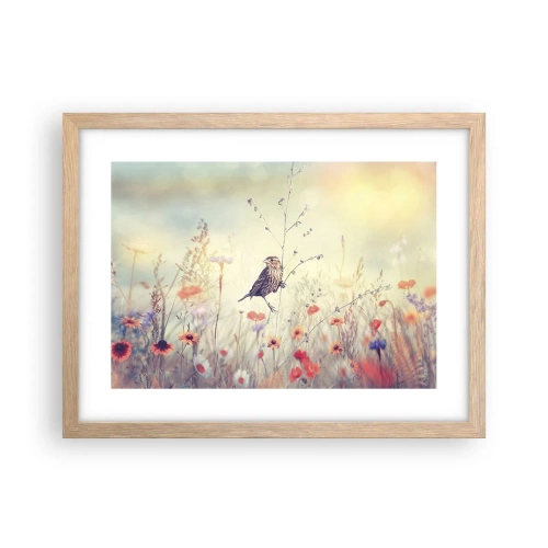 Poster in einem Rahmen aus heller Eiche - Vogelporträt mit einer Wiese im Hintergrund - 40x30 cm
