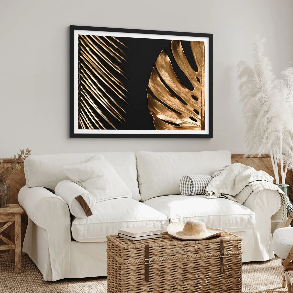 Poster in einem schwarzem Rahmen - Goldene Blätter auf schwarzem Hintergrund - 70x50cm - Anders und genauso teuer - Moderne Wanddekoration für Wohnzimmer und Schlafzimmer ARTTOR