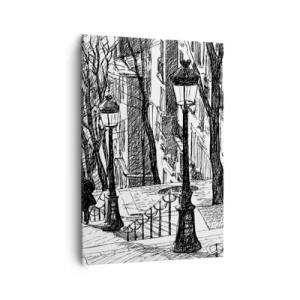 Bild auf Leinwand - Leinwandbild - Eine Straße mit Lampen und einer menschlichen Silhouette in Skizzentechnik - 70x100cm - Liebesgeschichte oder Horrorgeschichte? - Moderne Wanddekoration für Wohnzimmer und Schlafzimmer ARTTOR
