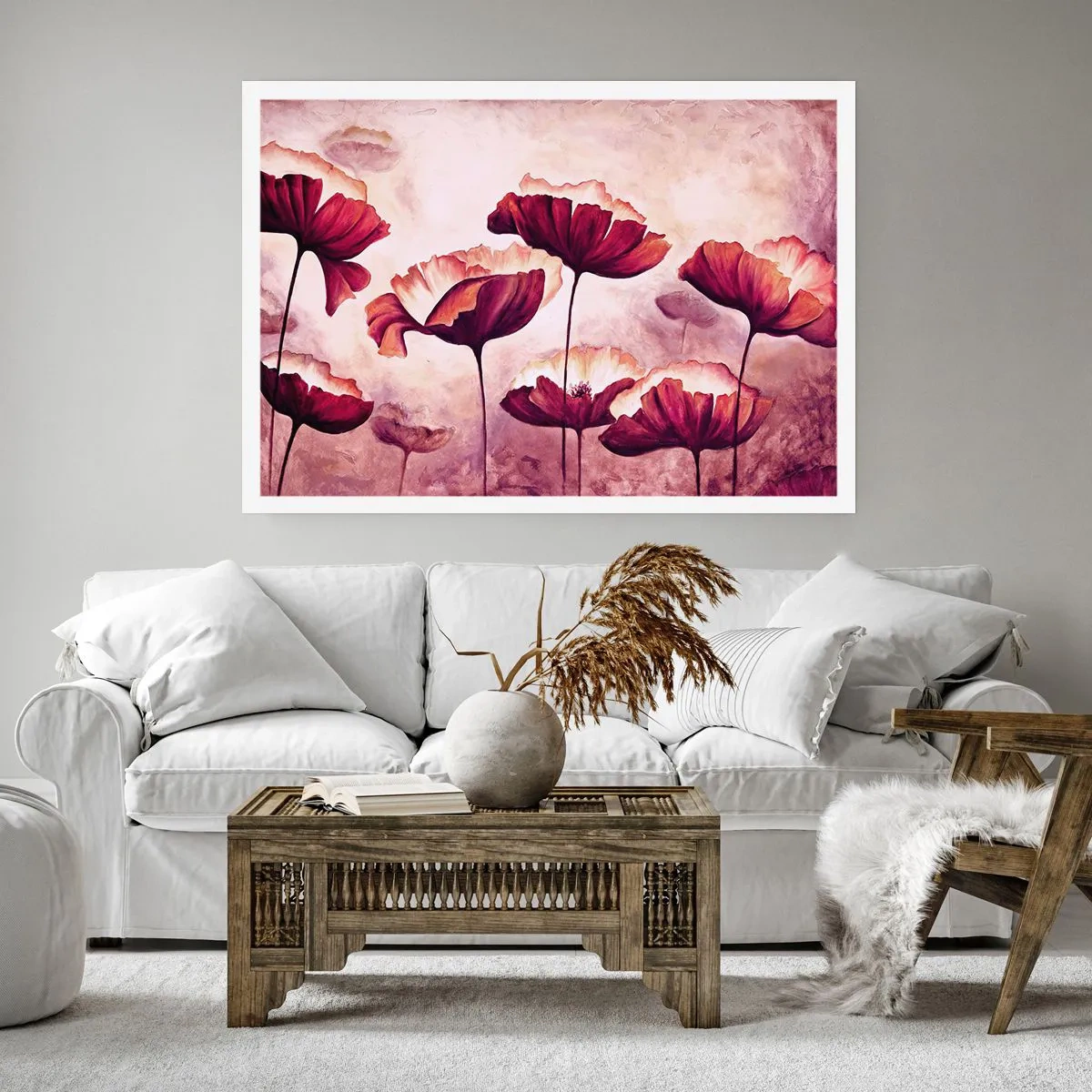 Poster - Blumen in Rot- und Weißtönen auf dezentem Hintergrund - 100x70cm - Rotes und weißes Blütenblatt - Moderne Wanddekoration für Wohnzimmer und Schlafzimmer ARTTOR