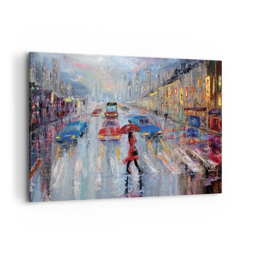 Bild auf Leinwand - Leinwandbild - Eine Frau mit einem Regenschirm auf einer verregneten Straße im Neonlicht. - 100x70cm - Regnerischer Nachmittag in der Stadt - Moderne Wanddekoration für Wohnzimmer und Schlafzimmer ARTTOR