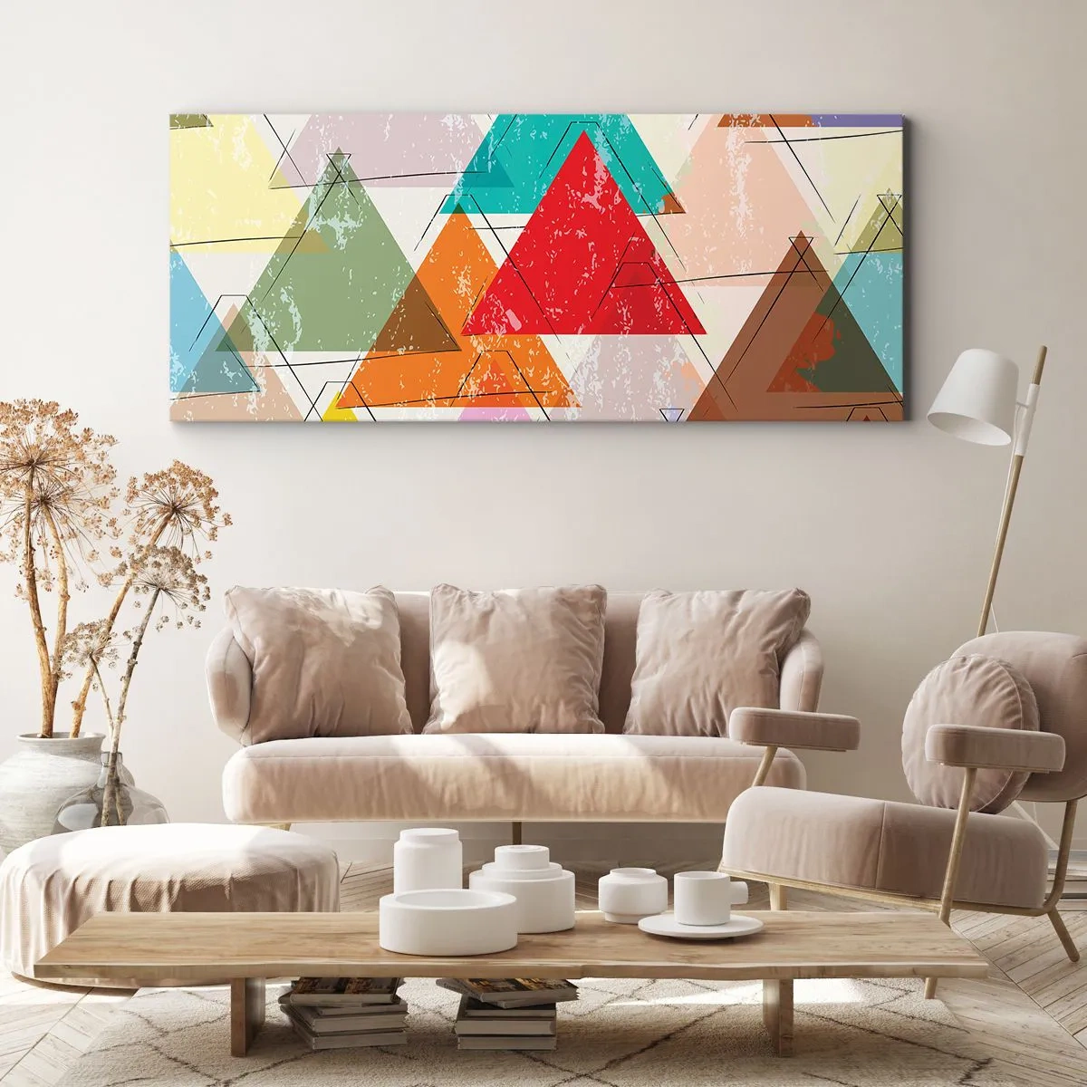 Bild auf Leinwand - Leinwandbild - Bunte Abstraktion mit geometrischen Dreiecken - 140x50cm - Drei mal drei - Moderne Wanddekoration für Wohnzimmer und Schlafzimmer ARTTOR