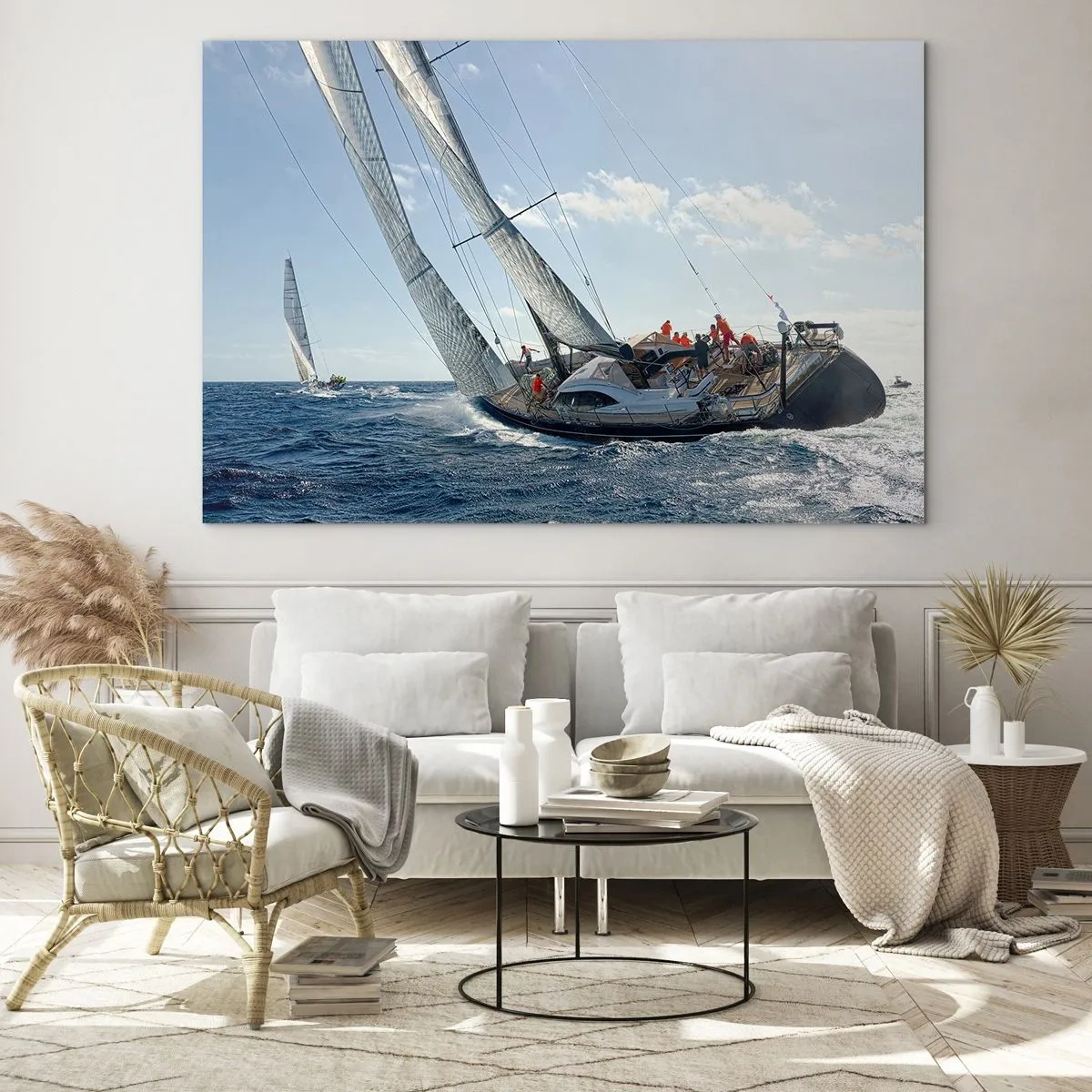 Glasbild - Bild auf glas - Rennyachten auf offener See mit dem Wind in den Segeln - 70x50cm - Lass den Besseren sich durchsetzen - Moderne Wanddekoration für Wohnzimmer und Schlafzimmer ARTTOR