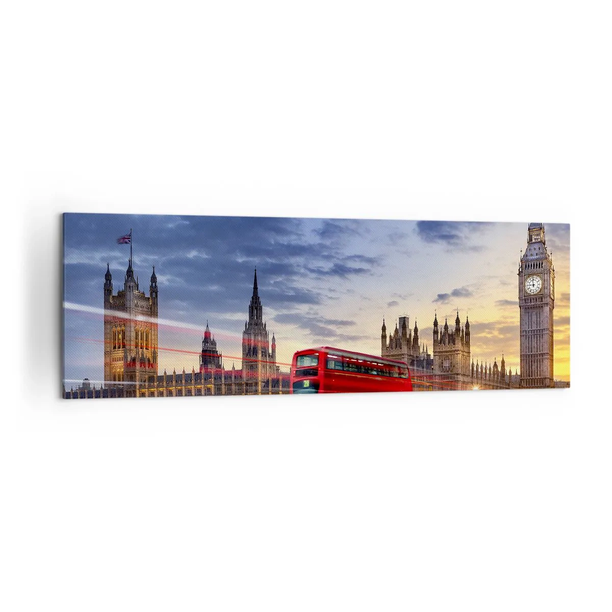 Bild auf Leinwand - Leinwandbild - Ein roter Bus mit Big Ben und den Houses of Parliament im Hintergrund in der Abenddämmerung. - 160x50cm - Spezielle Charaktere - Moderne Wanddekoration für Wohnzimmer und Schlafzimmer ARTTOR