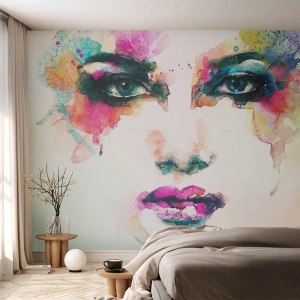 Selbstklebende Fototapete Deluxe Sticker - Ein mit einem Regenbogen gemaltes Porträt - Abstraktion, Das Gesicht einer Frau, Stück - 450x315 cm
