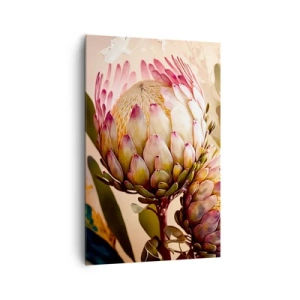 Bild auf Leinwand - Leinwandbild - Bunte Protea-Blüten auf zartem Hintergrund - 80x120cm - Zärtlich umarmt - Moderne Wanddekoration für Wohnzimmer und Schlafzimmer ARTTOR