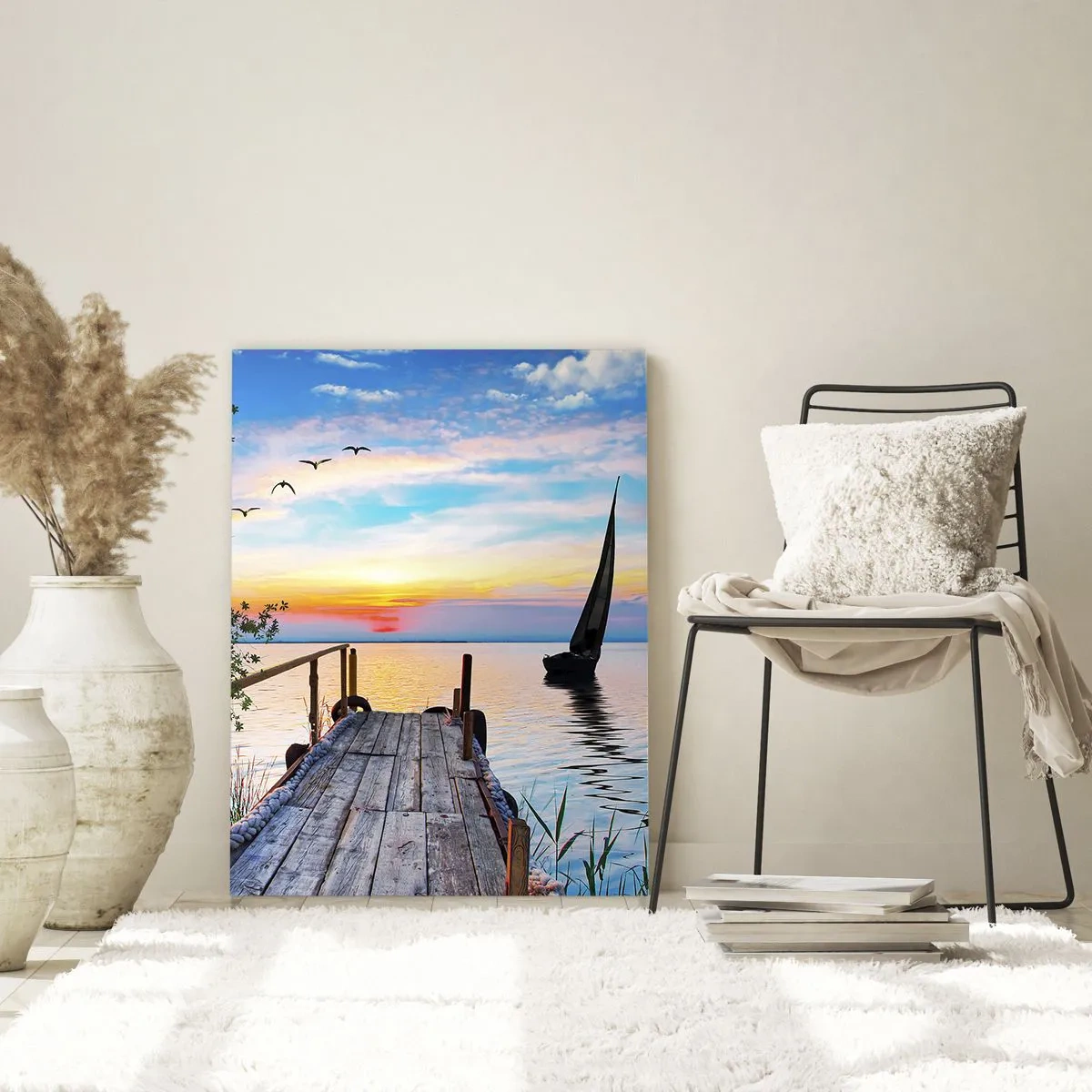 Glasbild - Bild auf glas - Seepier mit Boot und Sonnenuntergang - 80x120cm - Guten Abend - Moderne Wanddekoration für Wohnzimmer und Schlafzimmer ARTTOR
