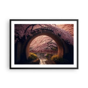 Poster in einem schwarzem Rahmen - Eine traditionelle japanische Brücke, umgeben von Kirschblüten - 70x50cm - Japanischer Frühling - Moderne Wanddekoration für Wohnzimmer und Schlafzimmer ARTTOR