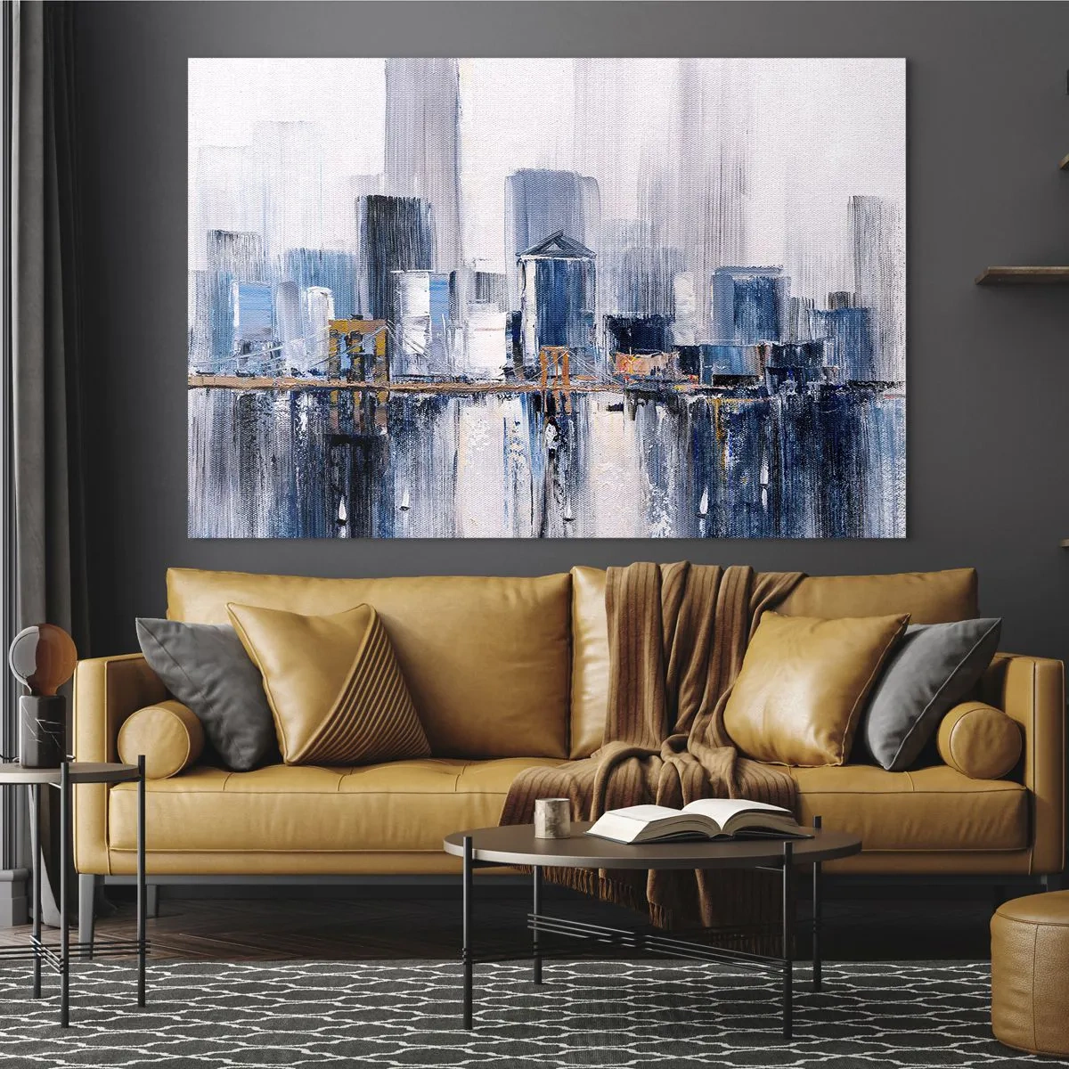 Glasbild - Bild auf glas - Abstraktes Stadtpanorama mit Wolkenkratzern und einer Brücke in kühlen Farben - 120x80cm - New Yorker Eindruck - Moderne Wanddekoration für Wohnzimmer und Schlafzimmer ARTTOR