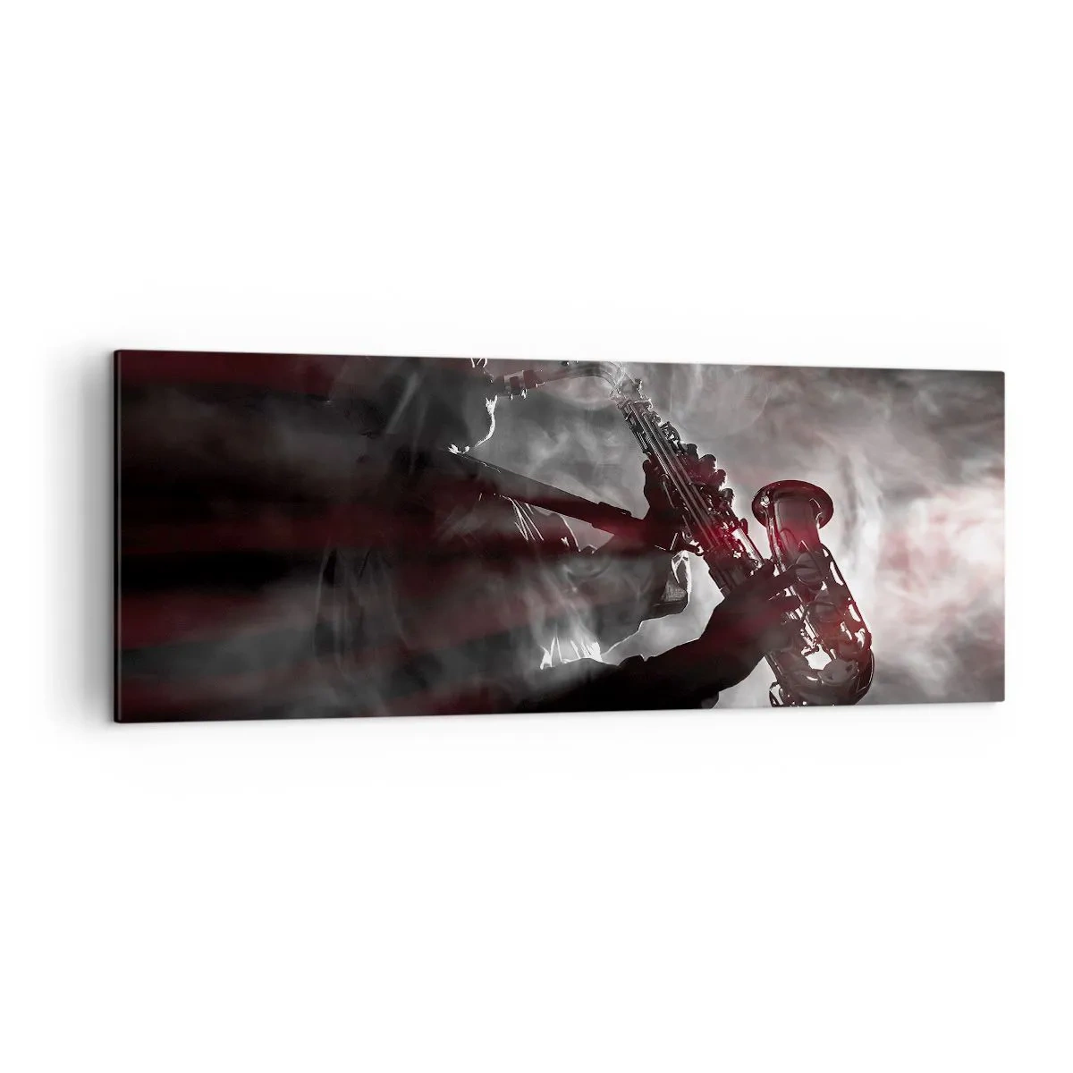 Bild auf Leinwand - Leinwandbild - Saxophonist im Rauch auf der Bühne in stimmungsvollem Schwarz und Rot - 140x50cm - In den Dämpfen des Jazz - Moderne Wanddekoration für Wohnzimmer und Schlafzimmer ARTTOR