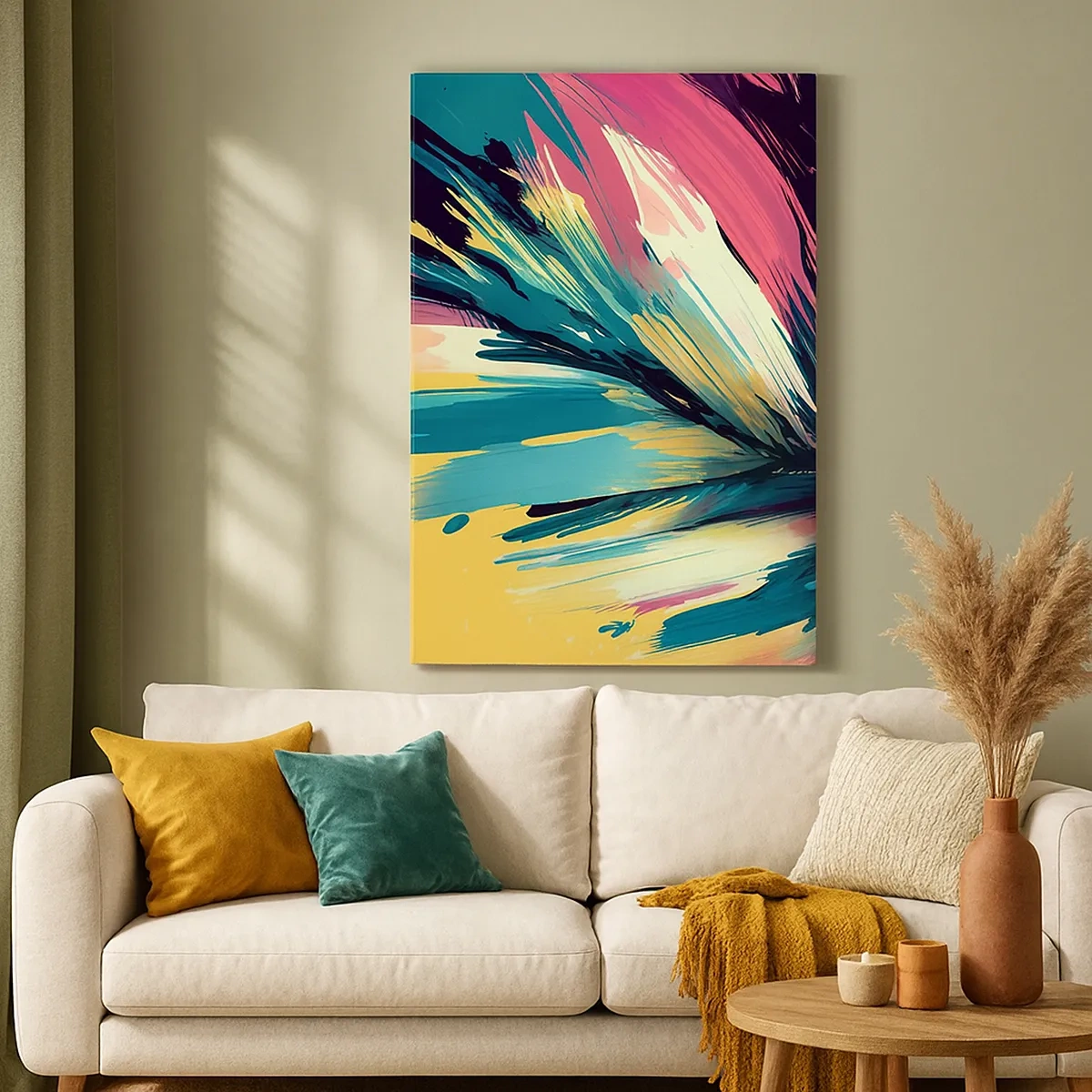 Bild auf Leinwand - Leinwandbild - Eine abstrakte Komposition in intensiven und kontrastreichen Farben. - 50x70cm - Komposition – eine Explosion der Freude - Moderne Wanddekoration für Wohnzimmer und Schlafzimmer ARTTOR