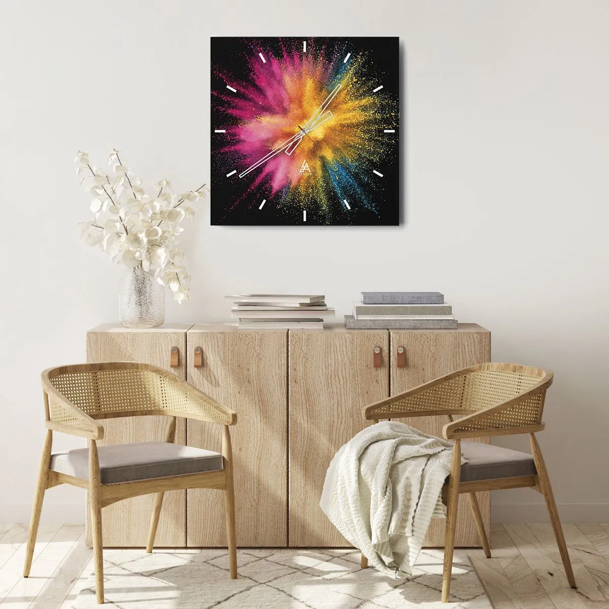 Wanduhr - Glasuhr - Bunte Pulverexplosion auf schwarzem Hintergrund - 30x30cm - Die Geburt der Farben - Moderne Wanddekoration für Wohnzimmer und Schlafzimmer ARTTOR