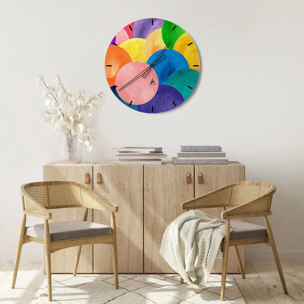 Wanduhr - Glasuhr - Bunte Kreise im Aquarellstil auf hellem Hintergrund - 30x30cm - Die ursprüngliche Fülle des Lebens - Moderne Wanddekoration für Wohnzimmer, Küche und Schlafzimmer ARTTOR