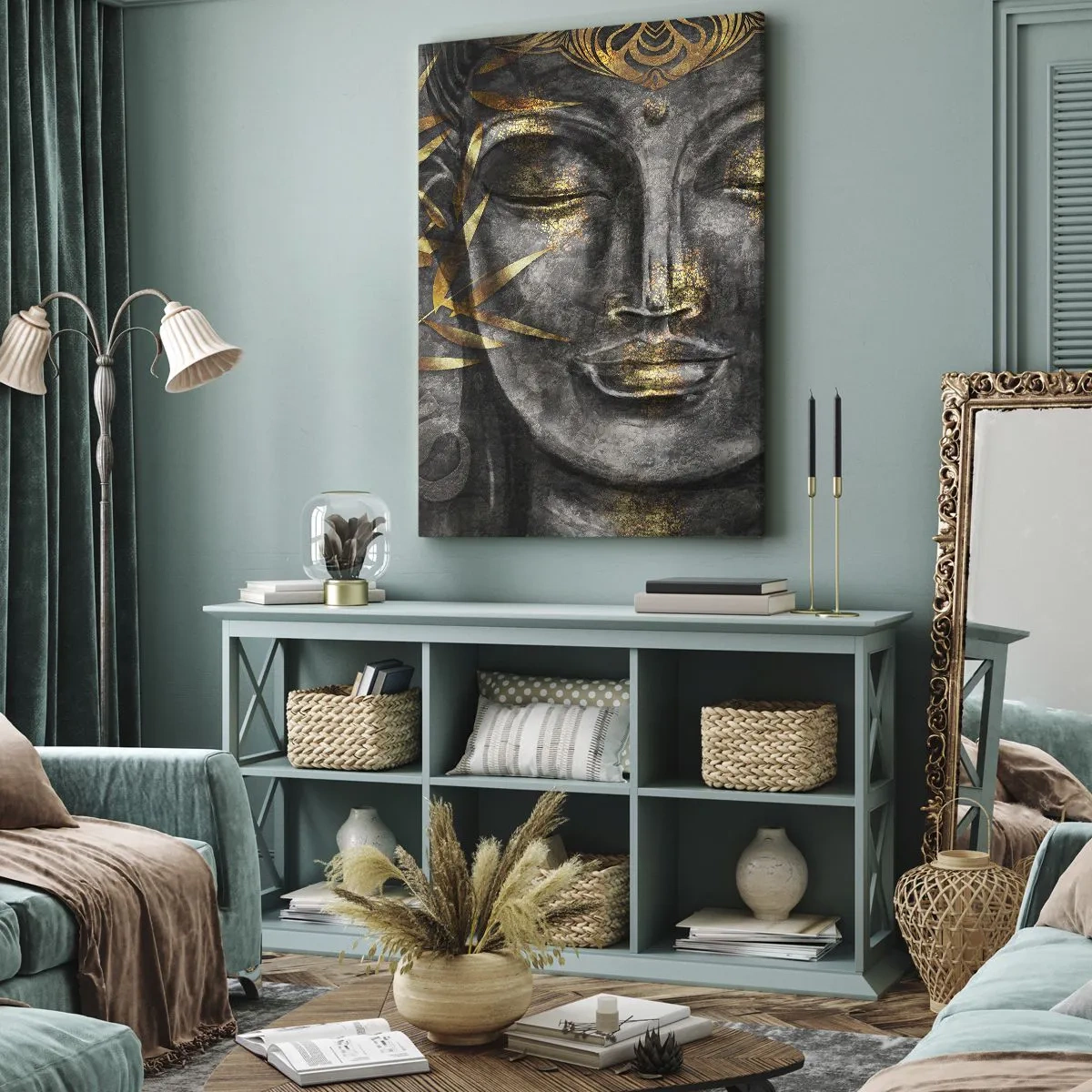 Bild auf Leinwand - Leinwandbild - Zen-Buddha-Bild mit goldenem Bambus - 70x100cm - Fühle den Frieden - Moderne Wanddekoration für Wohnzimmer und Schlafzimmer ARTTOR