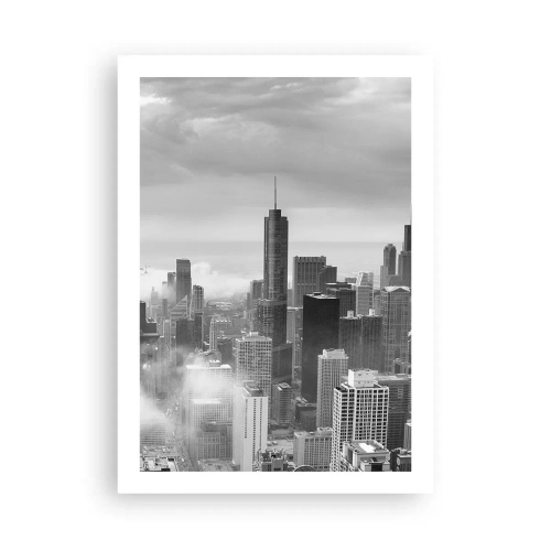 Poster - Schwarz-Weiß-Ansicht der Skyline der Stadt mit Wolkenkratzern in den Wolken - 50x70cm - Amerikanische Landschaft - Moderne Wanddekoration für Wohnzimmer und Schlafzimmer ARTTOR