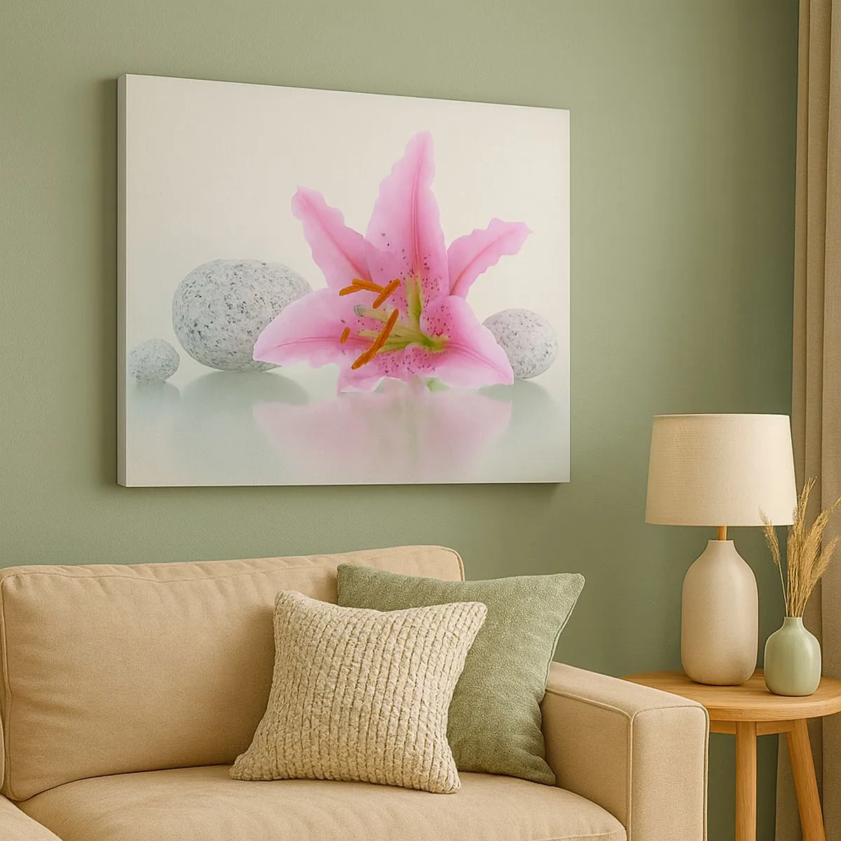 Bild auf Leinwand - Leinwandbild - Rosa Lilienblüte mit Steinen auf hellem Hintergrund - 70x50cm - Eine Studie in Pink, Grau und Weiß - Moderne Wanddekoration für Wohnzimmer und Schlafzimmer ARTTOR