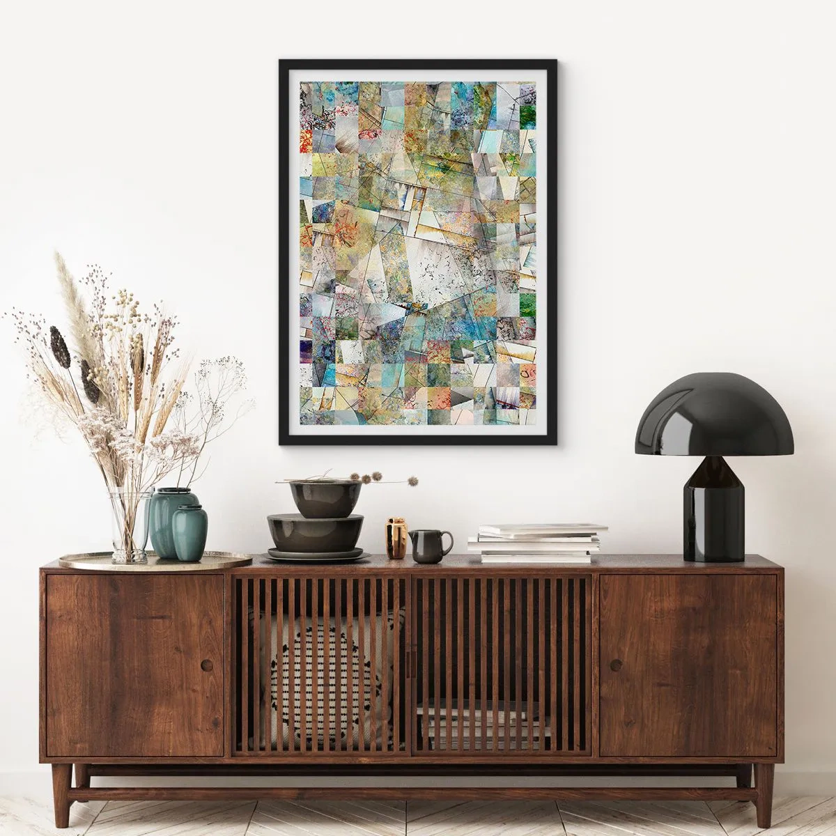 Poster in einem schwarzem Rahmen - Ein abstraktes Mosaik aus geometrischen Formen in Erdtönen. - 50x70cm - Geometrische Mischung - Moderne Wanddekoration für Wohnzimmer und Schlafzimmer ARTTOR