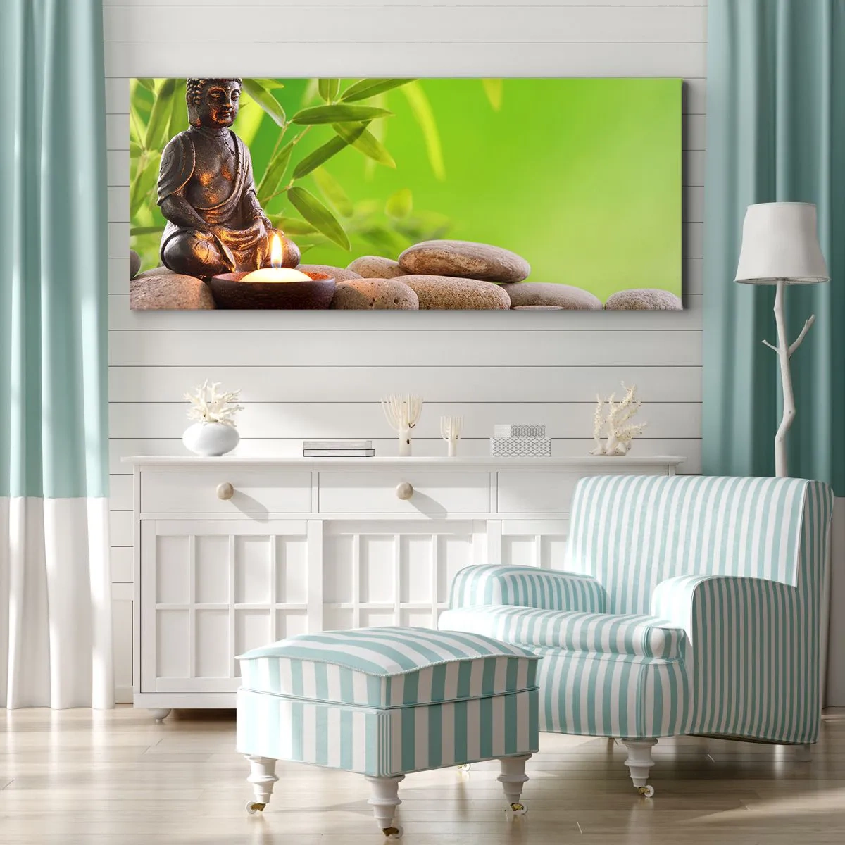 Bild auf Leinwand - Leinwandbild - Buddha-Figur mit Steinen und einer Kerze vor Bambus-Hintergrund - 120x50cm - Das Leben ist wunderschoen - Moderne Wanddekoration für Wohnzimmer und Schlafzimmer ARTTOR