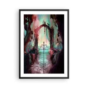Poster in einem schwarzem Rahmen - Ein geheimnisvolles Tor im Wald mit buntem Hintergrund - 50x70cm - Geheimer Garten - Moderne Wanddekoration für Wohnzimmer und Schlafzimmer ARTTOR