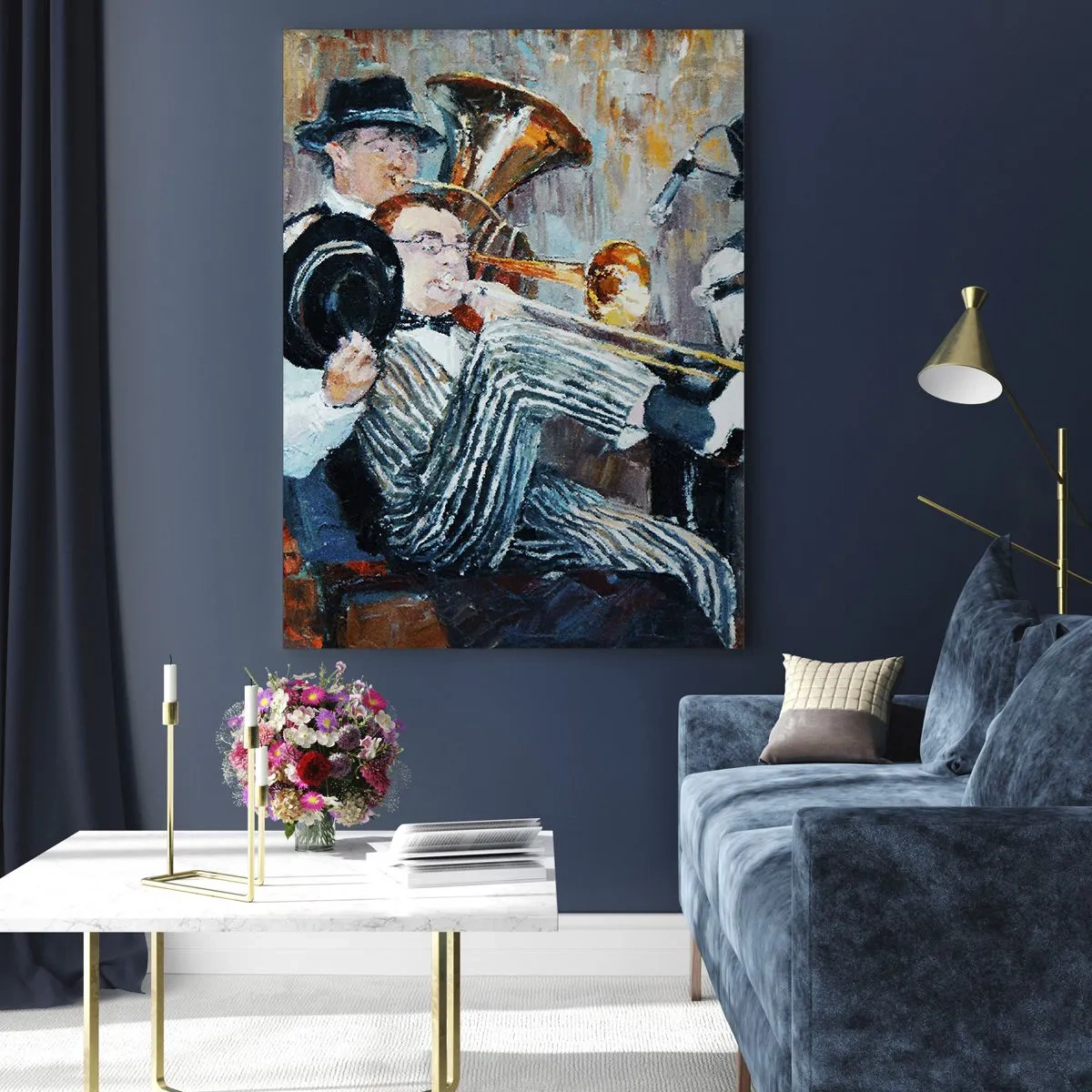 Glasbild - Bild auf glas - Jazzmusiker im malerischen Stil während eines Konzerts - 80x120cm - Der ganze Jazz - Moderne Wanddekoration für Wohnzimmer und Schlafzimmer ARTTOR