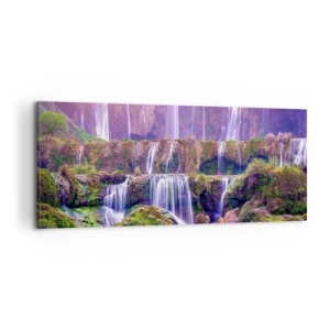 Bild auf Leinwand - Leinwandbild - Wasserfälle umgeben von Grün mit pastellfarbener Beleuchtung - 120x50cm - Treppe zum Himmel - Moderne Wanddekoration für Wohnzimmer und Schlafzimmer ARTTOR