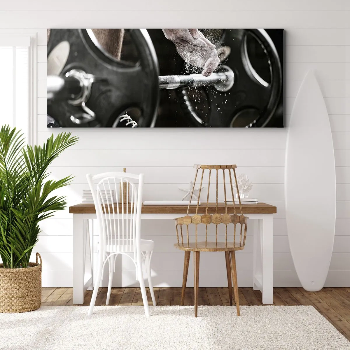 Bild auf Leinwand - Leinwandbild - Hanteln und die Hände eines Sportlers bereiten sich auf das Training vor - 160x50cm - Herausforderung angenommen! - Moderne Wanddekoration für Wohnzimmer und Schlafzimmer ARTTOR