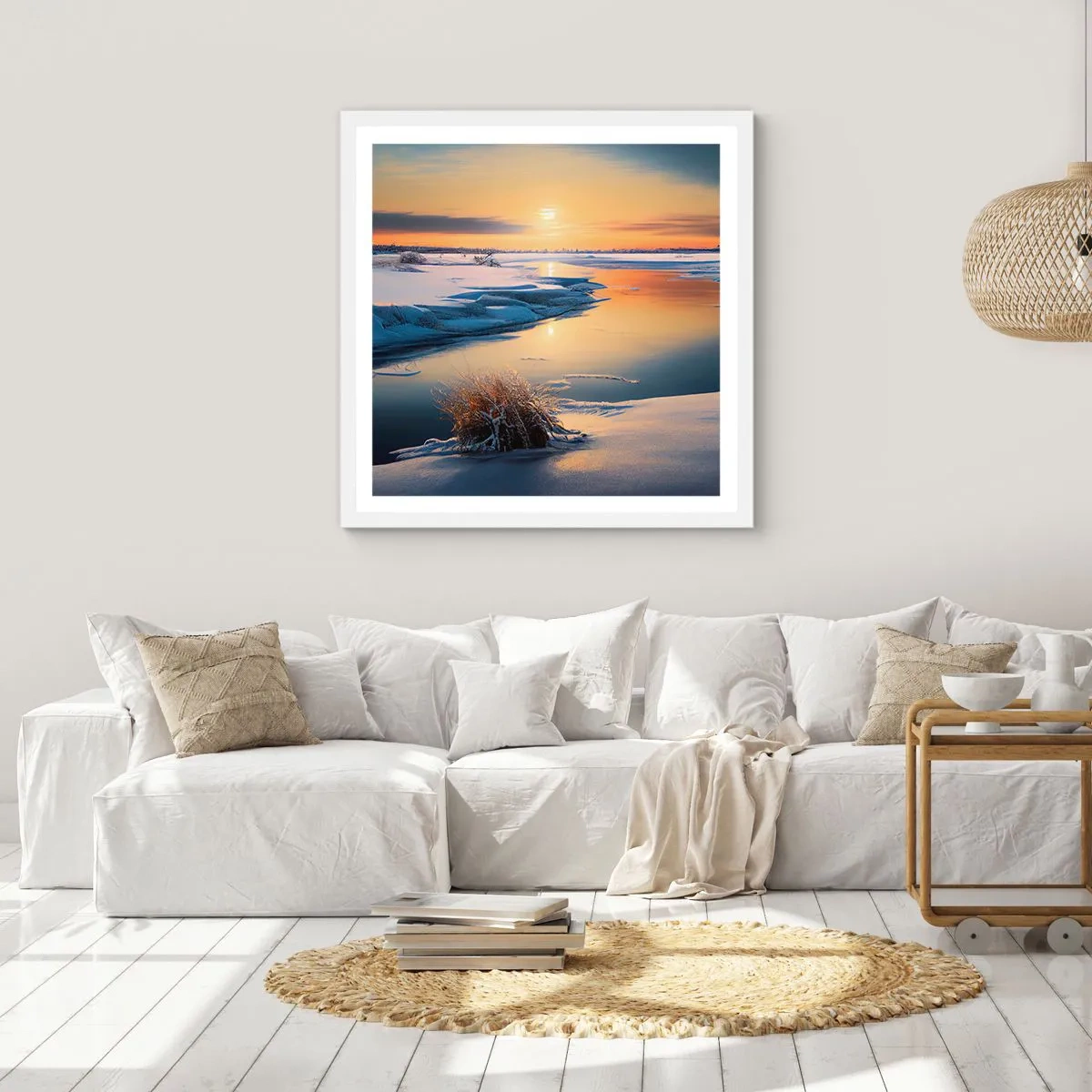 Poster in einem weißen Rahmen - Wintersonnenuntergang - 60x60 cm