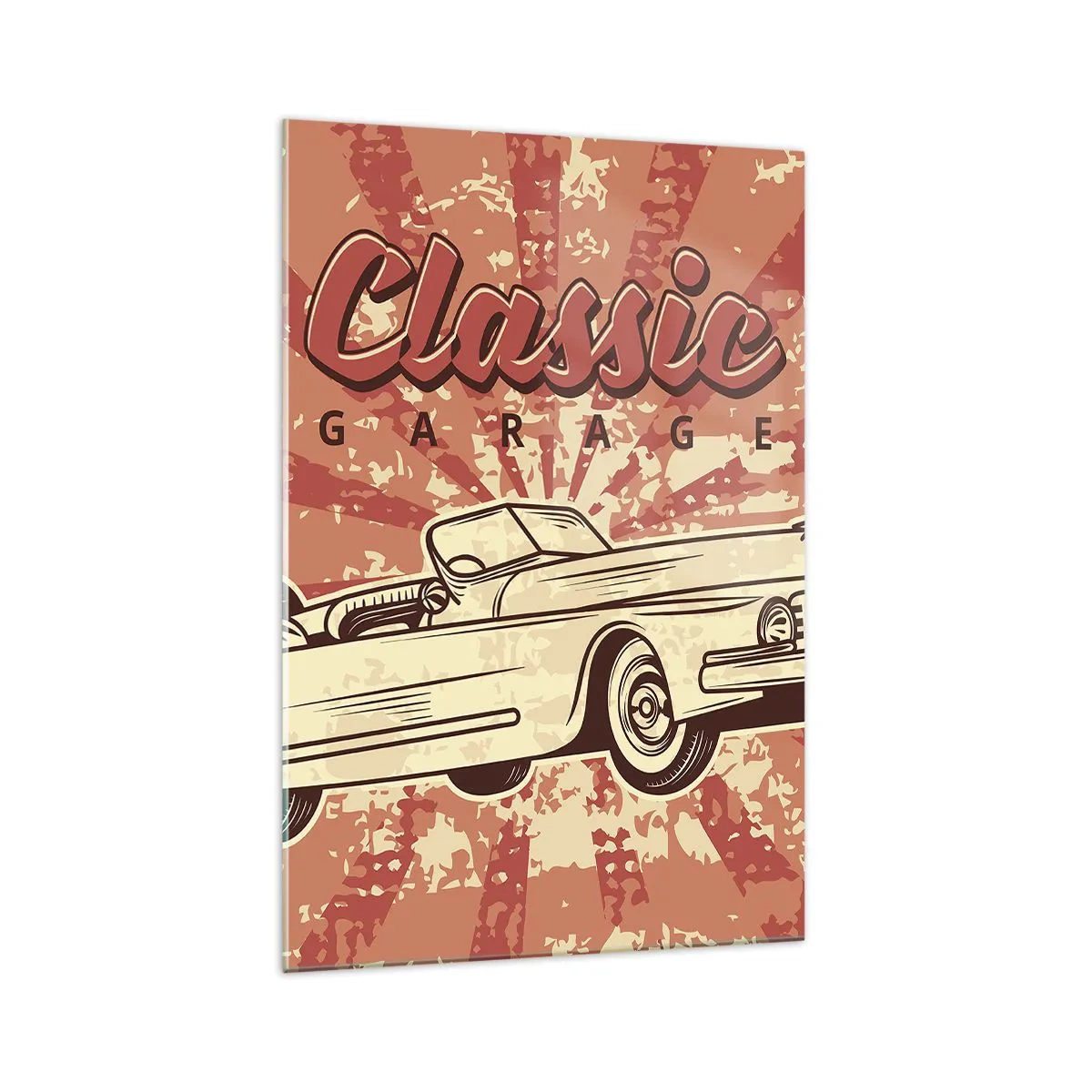 Glasbild - Bild auf glas - Retro-Poster mit einem Oldtimer und der Aufschrift „Classic Garage“ - 70x100cm - Und im Radio, Elvis - Moderne Wanddekoration für Wohnzimmer und Schlafzimmer ARTTOR