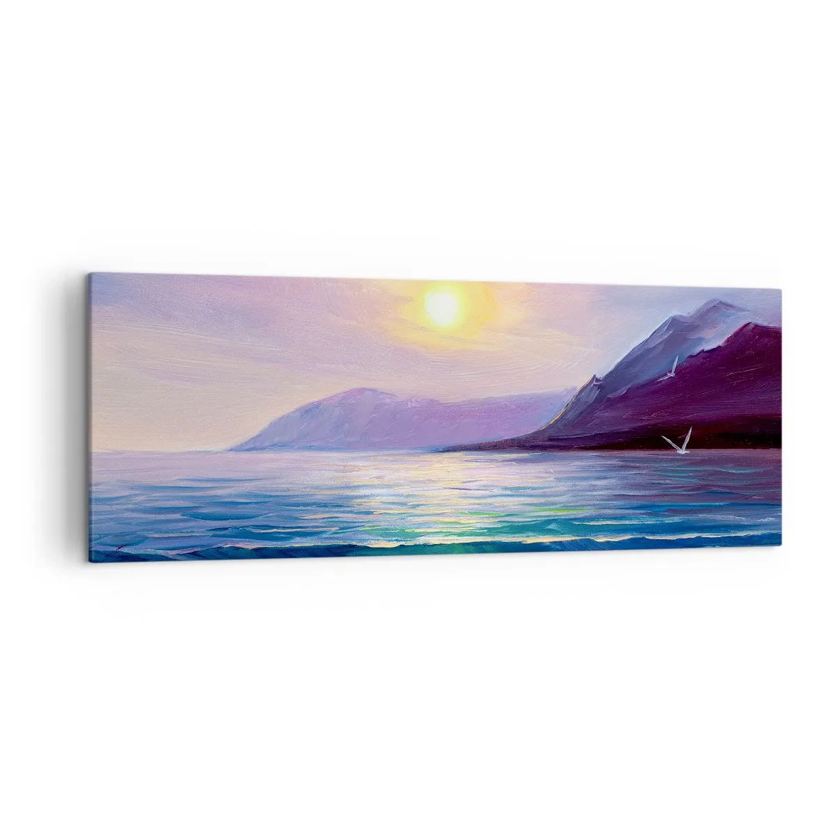 Bild auf Leinwand - Leinwandbild - Eine malerische Meereslandschaft bei Sonnenuntergang mit Wellen und Bergen - 140x50cm - Wasser- und Luftkristall - Moderne Wanddekoration für Wohnzimmer und Schlafzimmer ARTTOR