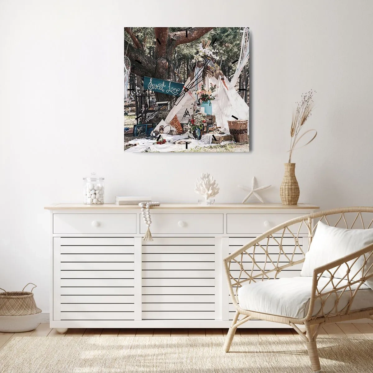 Wanduhr - Glasuhr - Boho-Dekoration mit einem Tipi im Wald - 30x30cm - Liebe machen ... - Moderne Wanddekoration für Wohnzimmer und Schlafzimmer ARTTOR
