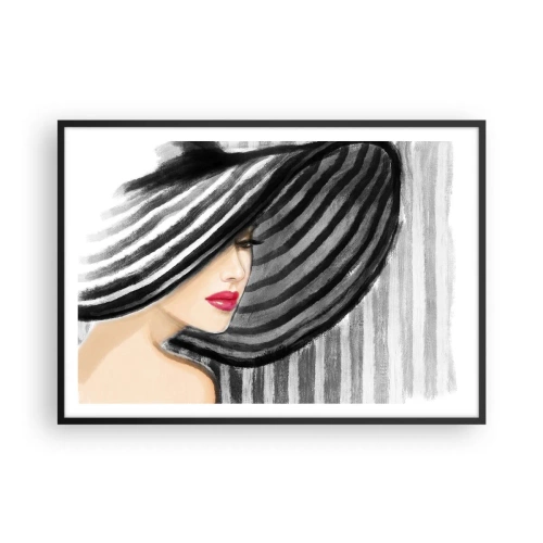 Poster in einem schwarzem Rahmen - Frau trägt einen schwarz-weißen Hut mit rotem Akzent - 100x70cm - Wo soll ich dich finden? - Moderne Wanddekoration für Wohnzimmer und Schlafzimmer ARTTOR