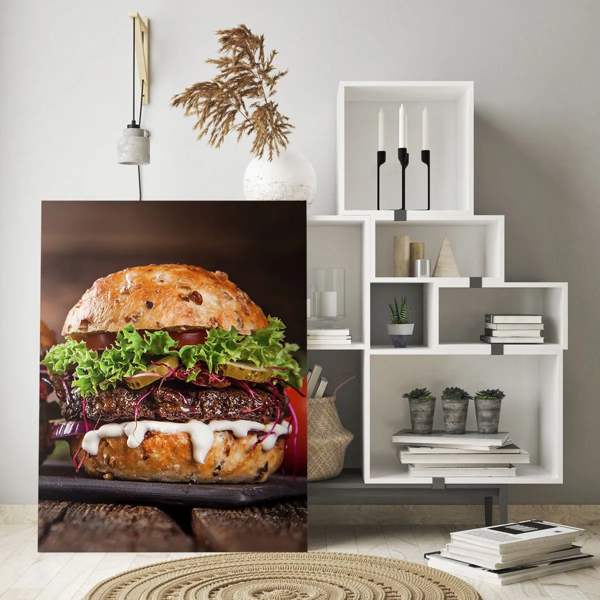 Glasbild - Bild auf glas - Appetitliche Burger mit Gemüse und Sauce - 50x70cm - Amerikanischer Traum - Moderne Wanddekoration für Wohnzimmer und Schlafzimmer ARTTOR