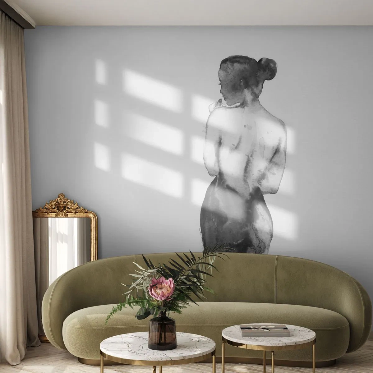 Fototapete Premium Canvas - Bei ihr verschwindet die Welt - Frau, Frauenkörper, Grafik - 250x175 cm