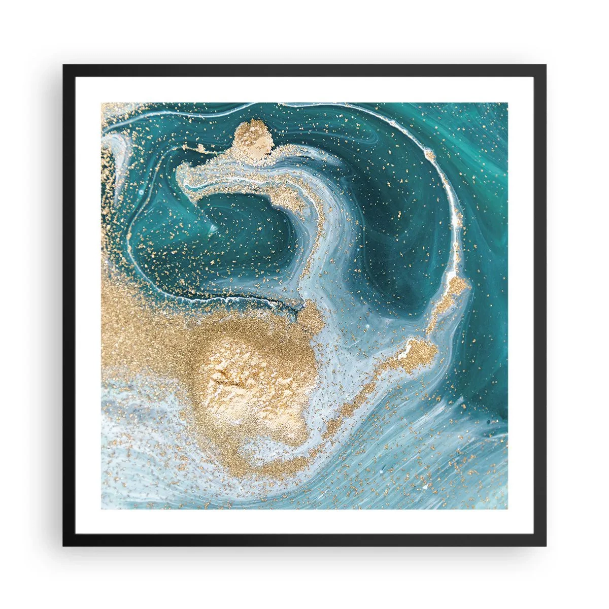 Poster in einem schwarzem Rahmen - Ein Strudel aus Gold und Türkis - 60x60 cm