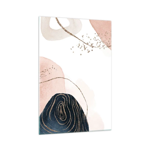 Glasbild - Bild auf glas - Abstrakte Formen in Beige- und Marineblautönen mit goldenen Details - 70x100cm - Alles fließt - Moderne Wanddekoration für Wohnzimmer und Schlafzimmer ARTTOR