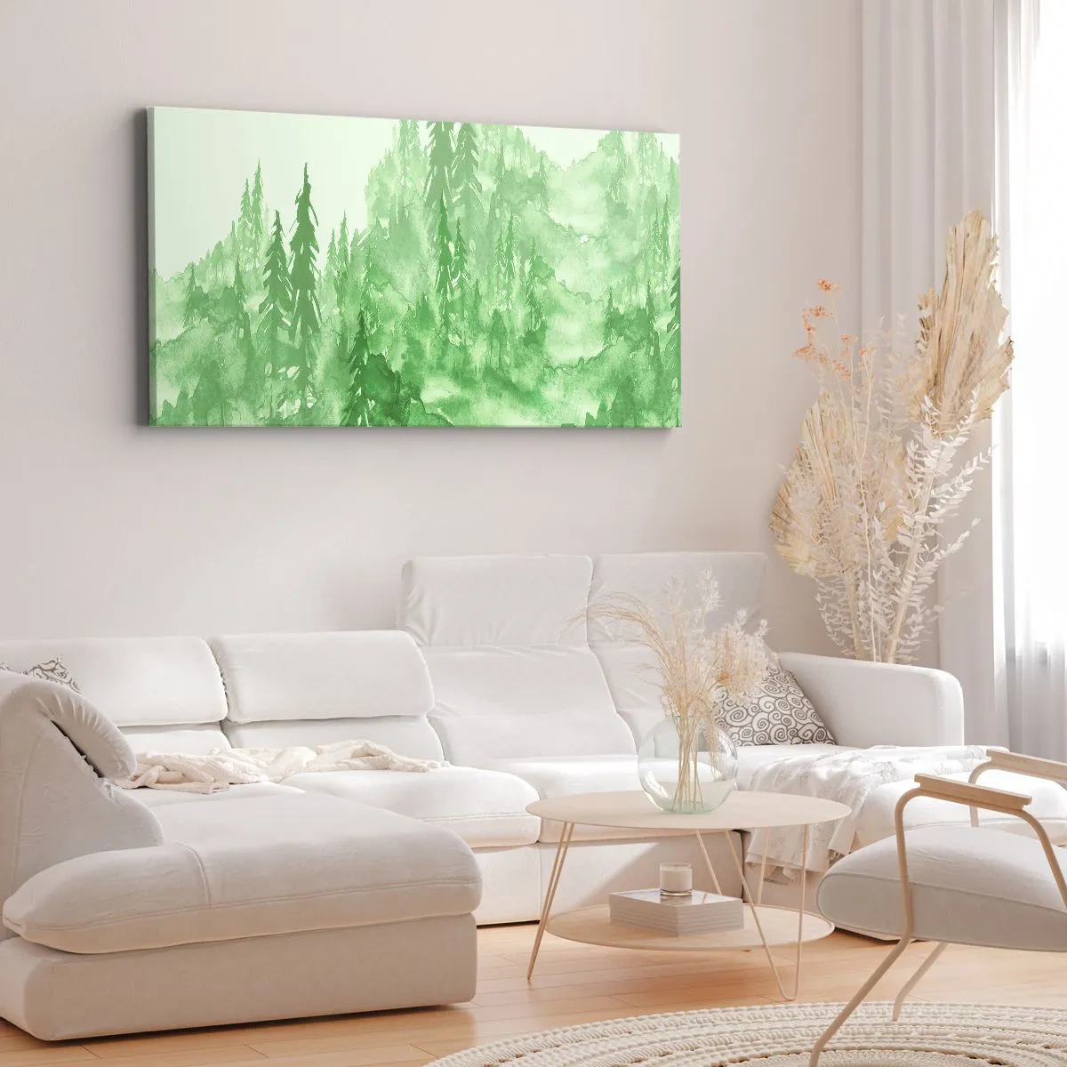 Bild auf Leinwand - Leinwandbild - Grüner Wald im Aquarellstil auf hellem Hintergrund - 120x50cm - Verschwommen mit grünem Nebel - Moderne Wanddekoration für Wohnzimmer und Schlafzimmer ARTTOR