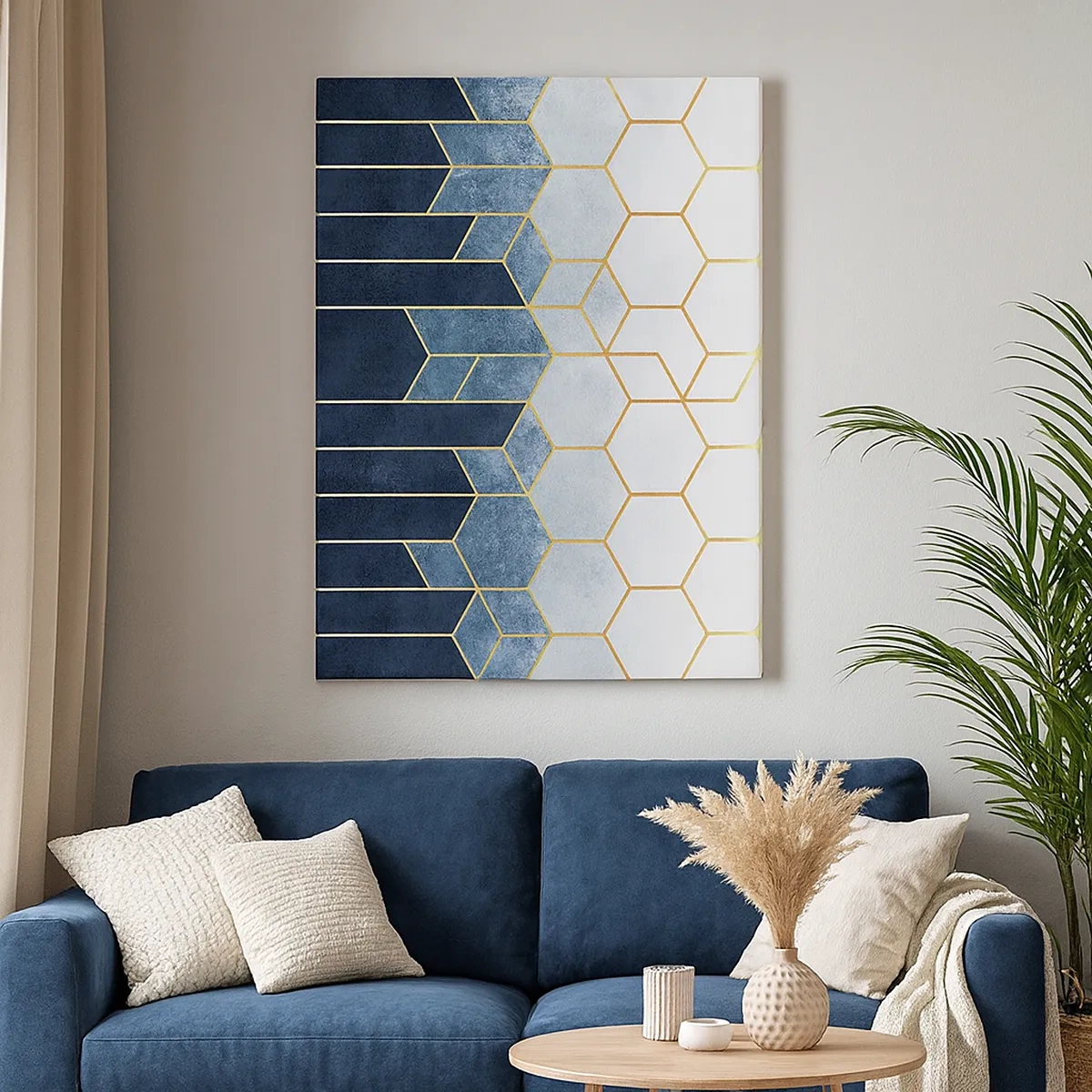 Bild auf Leinwand - Leinwandbild - Geometrisches Muster in Gold- und Marineblautönen - 50x70cm - Komposition im synkopischen Rhythmus - Moderne Wanddekoration für Wohnzimmer und Schlafzimmer ARTTOR