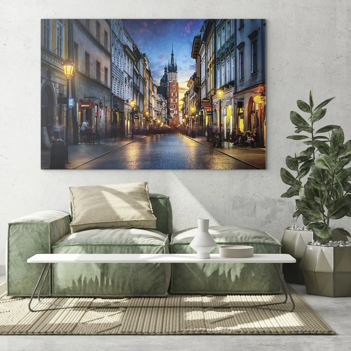 Glasbild - Bild auf glas - Abendlicher Blick auf die Altstadt mit der Kirche im Hintergrund - 70x50cm - Krakauer Charme - Moderne Wanddekoration für Wohnzimmer und Schlafzimmer ARTTOR