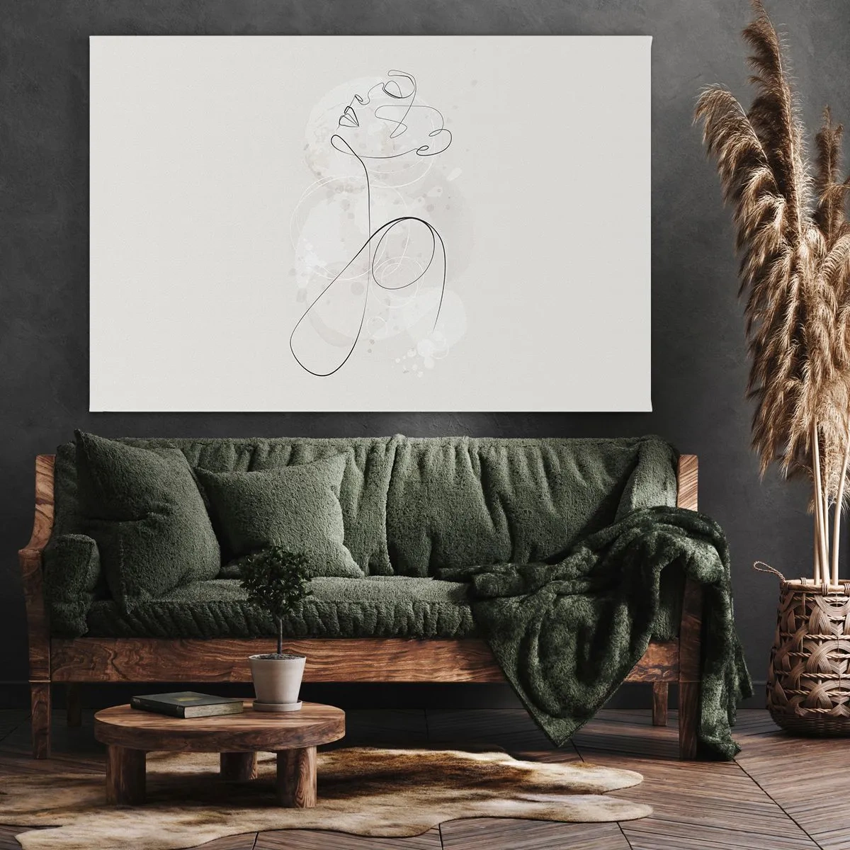 Bild auf Leinwand - Leinwandbild - Minimalistische Gesichtskontur mit einer Blume auf hellem Hintergrund - 70x50cm - Die Spirale der Schönheit - Moderne Wanddekoration für Wohnzimmer und Schlafzimmer ARTTOR