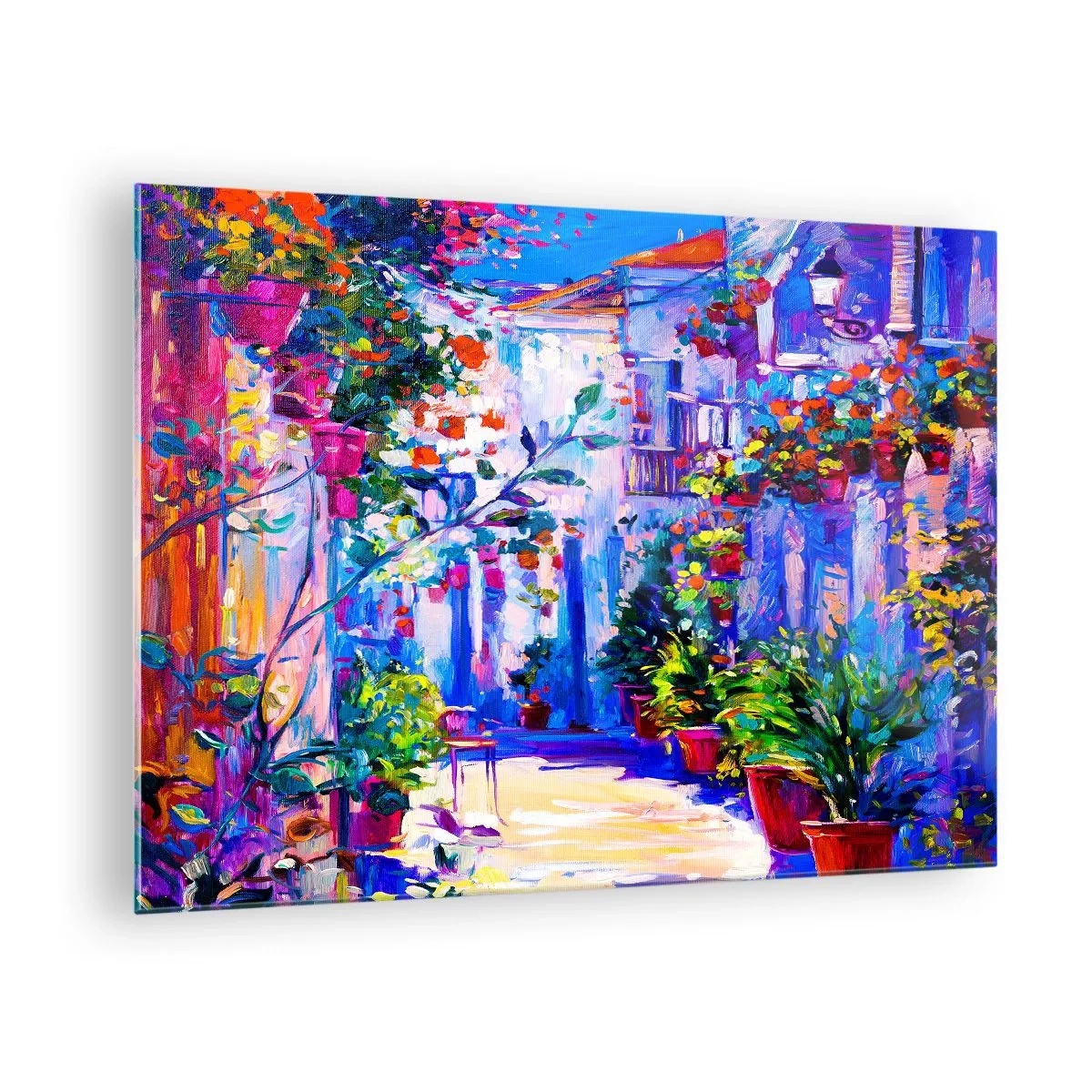 Glasbild - Bild auf glas - Eine bunte Straße mit blühenden Pflanzen und Licht - 70x50cm - Impresja - eine italienische Straße - Moderne Wanddekoration für Wohnzimmer und Schlafzimmer ARTTOR