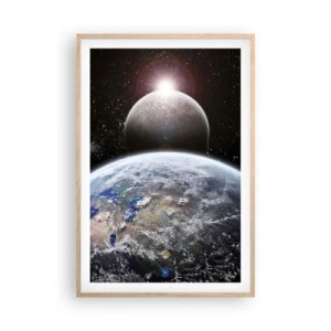 Poster in einem Rahmen aus heller Eiche - Weltraumlandschaft - Sonnenaufgang - 61x91 cm
