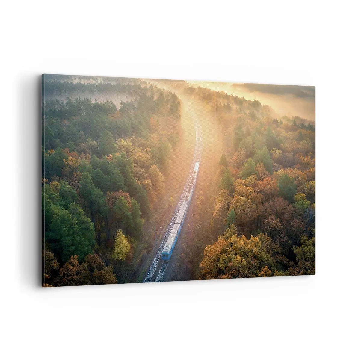 Bild auf Leinwand - Leinwandbild - Ein Zug in einem herbstlichen Wald im Morgengrauen - 120x80cm - Herbstreise - Moderne Wanddekoration für Wohnzimmer und Schlafzimmer ARTTOR