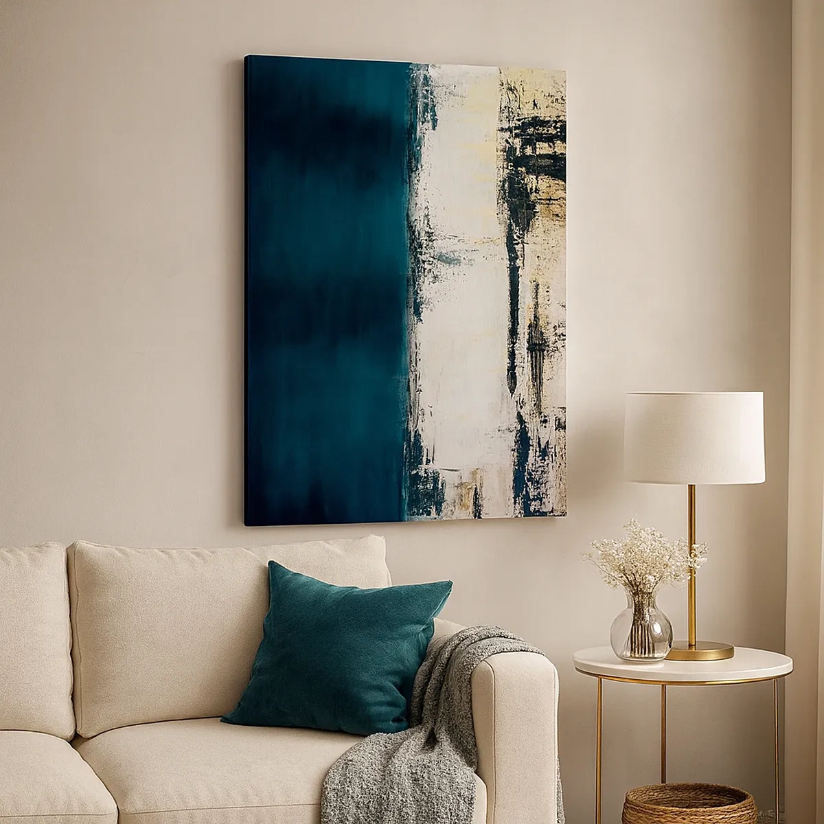 Bild auf Leinwand - Leinwandbild - Abstrakte horizontale Komposition in Marineblau- und Weißtönen - 50x70cm - Horizontale Komposition - Moderne Wanddekoration für Wohnzimmer und Schlafzimmer ARTTOR